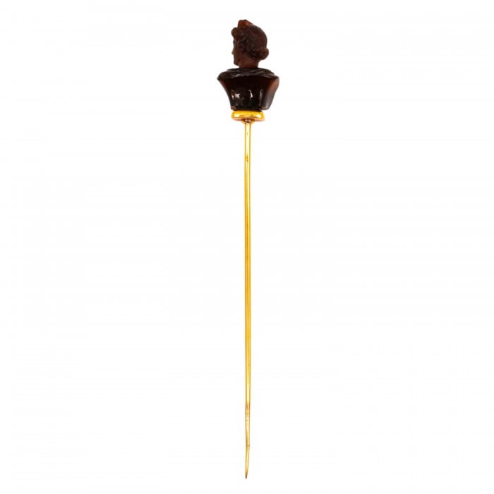 French Antique Apollo Belvedere Style Bust Stick Pin in Chalcedony and Gold, Circa 1880