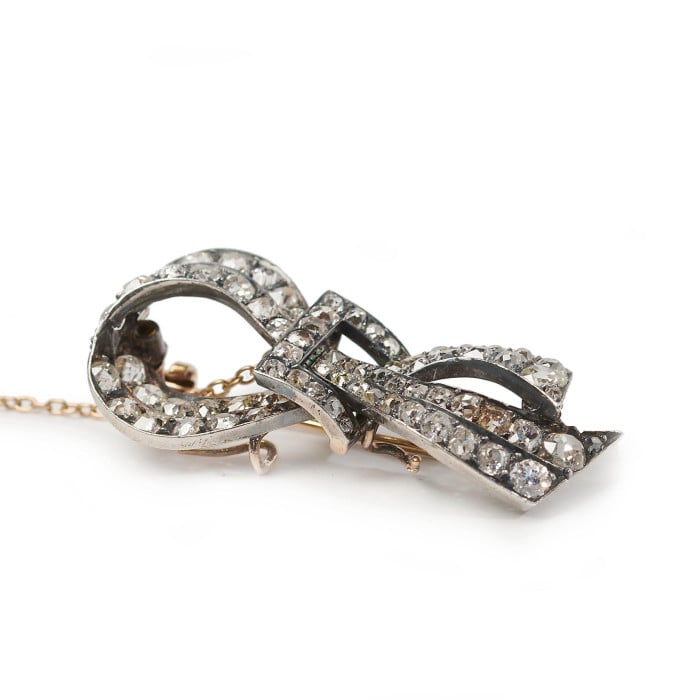 French Antique Diamond and Silver Upon Gold Bow Brooch, Circa 1880