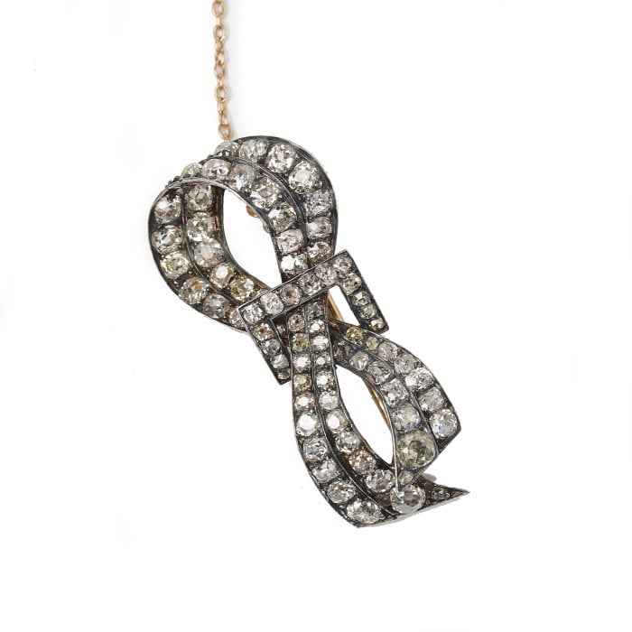 French Antique Diamond and Silver Upon Gold Bow Brooch, Circa 1880