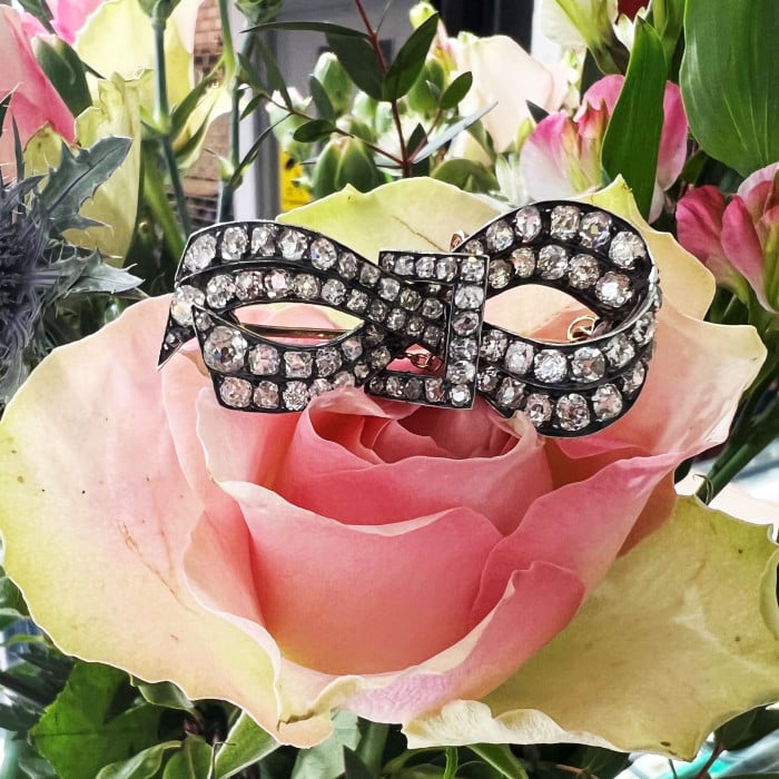 French Antique Diamond and Silver Upon Gold Bow Brooch, Circa 1880
