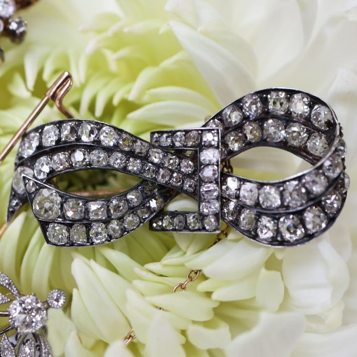 French Antique Diamond and Silver Upon Gold Bow Brooch, Circa 1880
