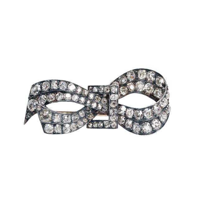 French Antique Diamond and Silver Upon Gold Bow Brooch, Circa 1880