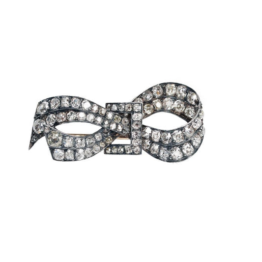 French Antique Diamond and Silver Upon Gold Bow Brooch, Circa 1880