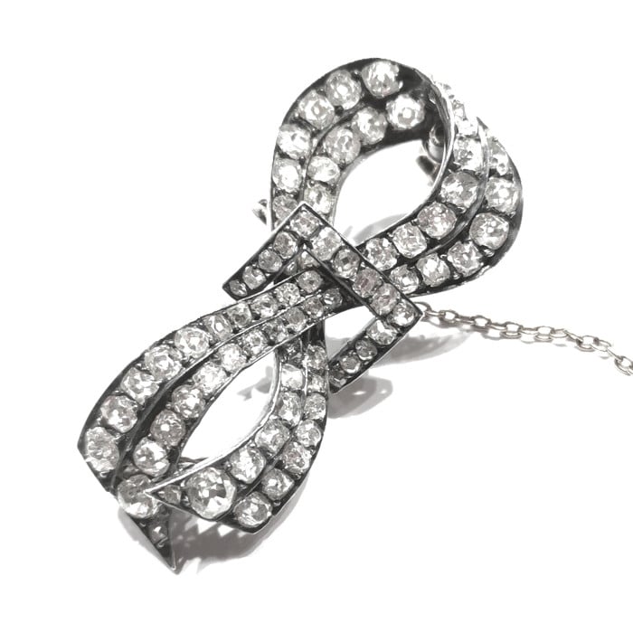 French Antique Diamond and Silver Upon Gold Bow Brooch, Circa 1880
