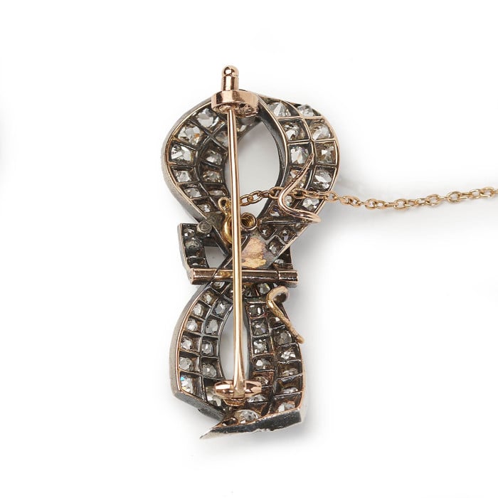 French Antique Diamond and Silver Upon Gold Bow Brooch, Circa 1880