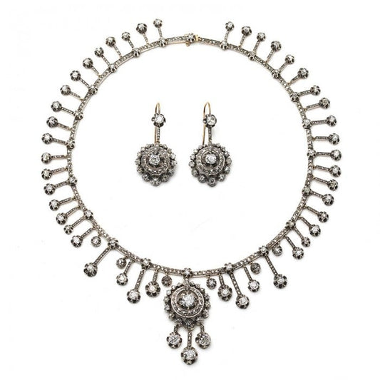 French Antique Fraumont Diamond, Silver and Gold Necklace and Earrings Suite, Circa 1855