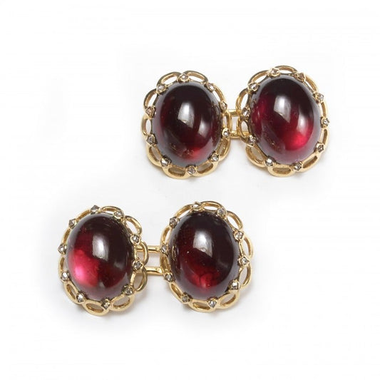 French Antique Garnet Diamond and Gold Cufflinks