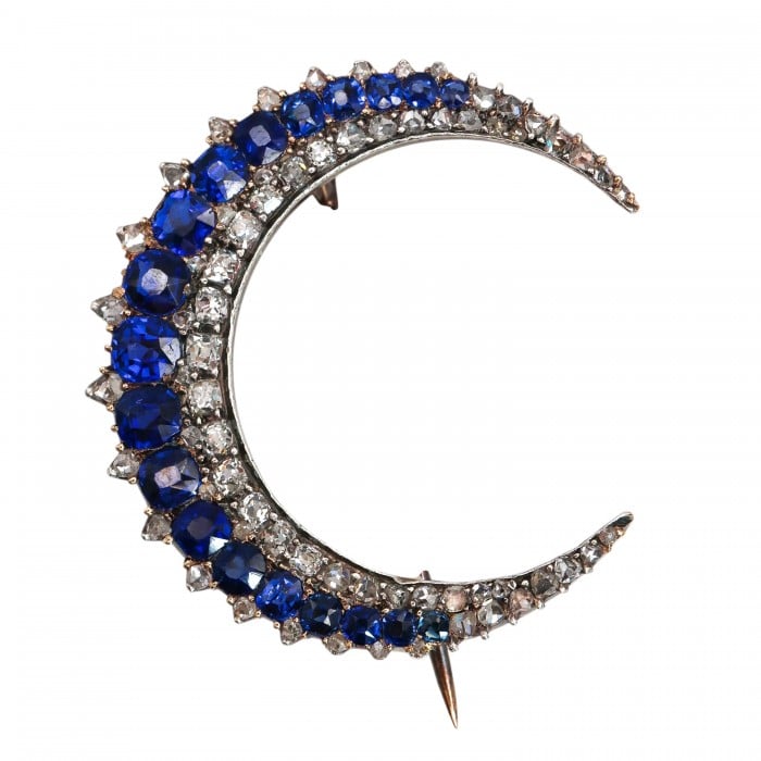 French Antique Sapphire Diamond and Silver Upon Gold Crescent Brooch, Circa 1890