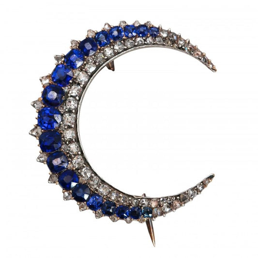 French Antique Sapphire Diamond and Silver Upon Gold Crescent Brooch, Circa 1890