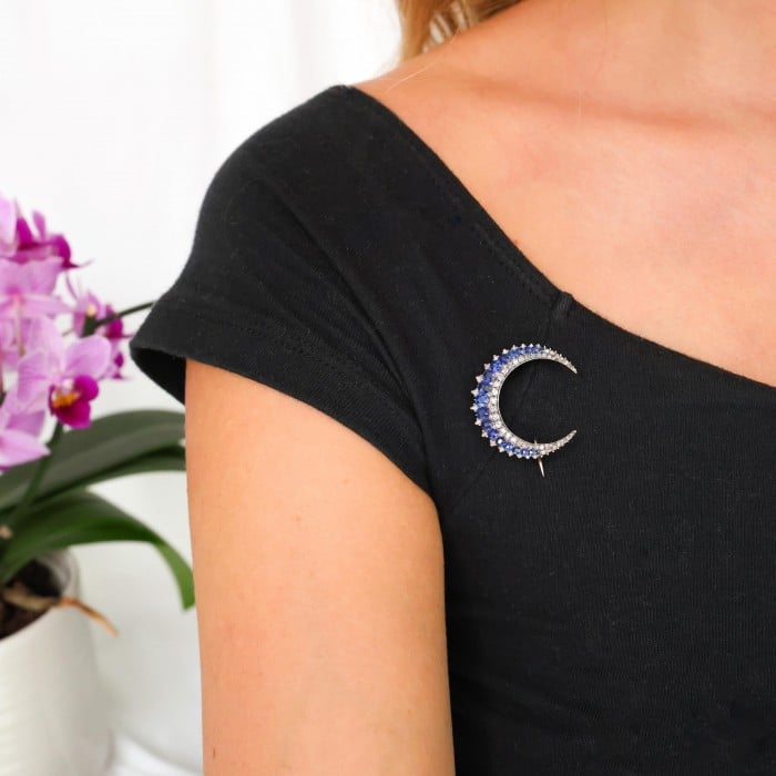 French Antique Sapphire Diamond and Silver Upon Gold Crescent Brooch, Circa 1890