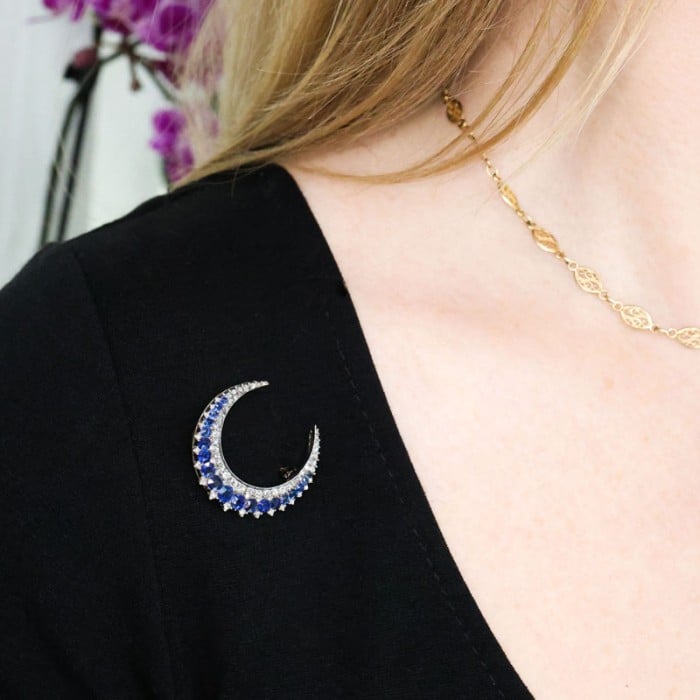 French Antique Sapphire Diamond and Silver Upon Gold Crescent Brooch, Circa 1890