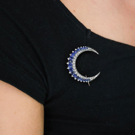 French Antique Sapphire Diamond and Silver Upon Gold Crescent Brooch, Circa 1890