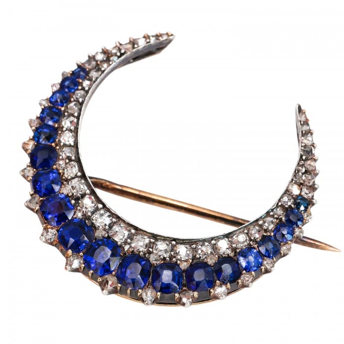 French Antique Sapphire Diamond and Silver Upon Gold Crescent Brooch, Circa 1890