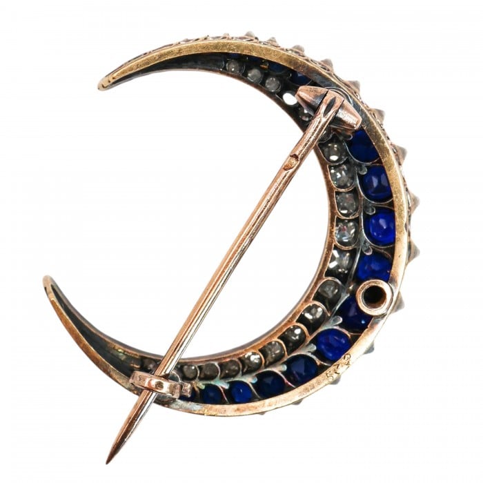 French Antique Sapphire Diamond and Silver Upon Gold Crescent Brooch, Circa 1890