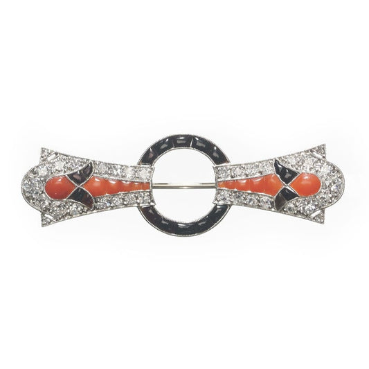 French Art Deco Diamond Coral Black Onyx and Platinum Brooch, Circa 1935, 1.02 Carats