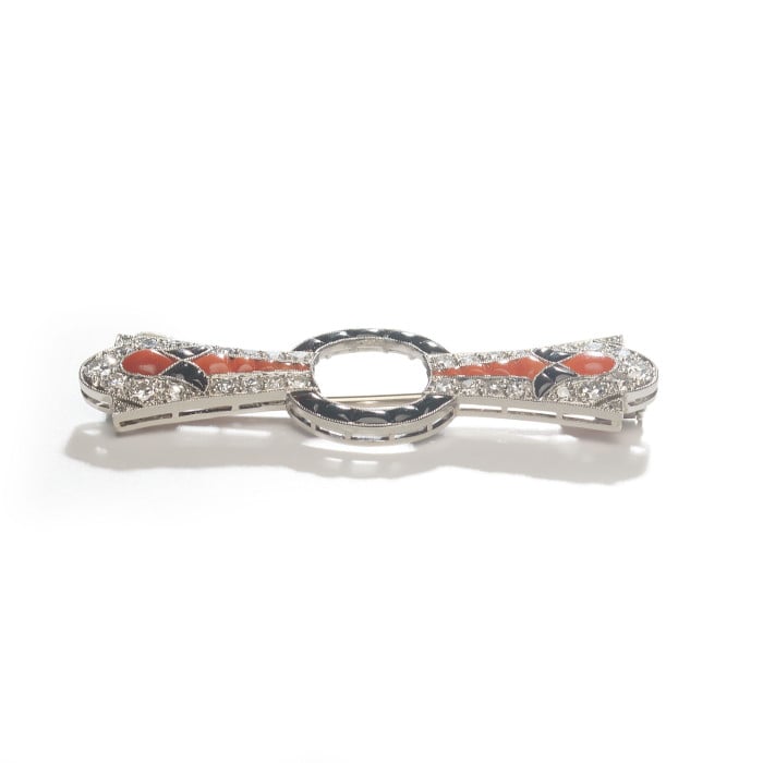 French Art Deco Diamond Coral Black Onyx and Platinum Brooch, Circa 1935, 1.02 Carats