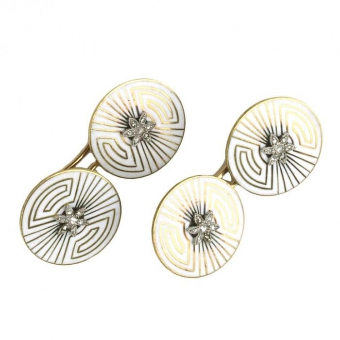 French Art Deco Enamel Diamond and Gold Cufflinks by Albert Clericetti, Circa 1930
