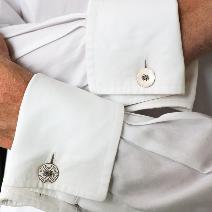French Art Deco Enamel Diamond and Gold Cufflinks by Albert Clericetti, Circa 1930