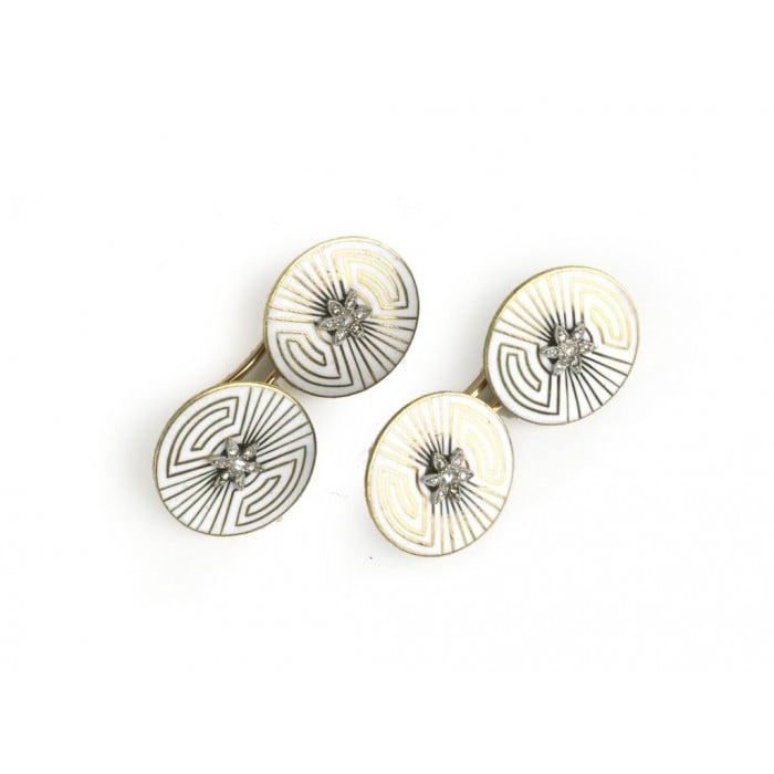 French Art Deco Enamel Diamond and Gold Cufflinks by Albert Clericetti, Circa 1930