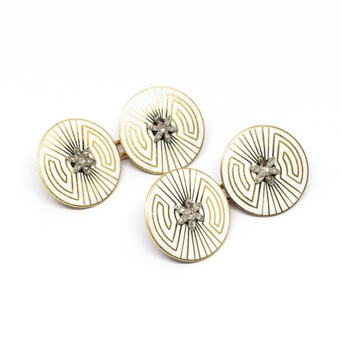French Art Deco Enamel Diamond and Gold Cufflinks by Albert Clericetti, Circa 1930
