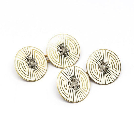 French Art Deco Enamel Diamond and Gold Cufflinks by Albert Clericetti, Circa 1930