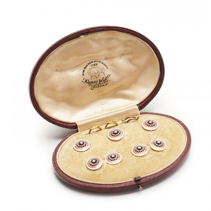 French Belle Époque Diamond Enamel Silver and Gold Dress Set, Circa 1920