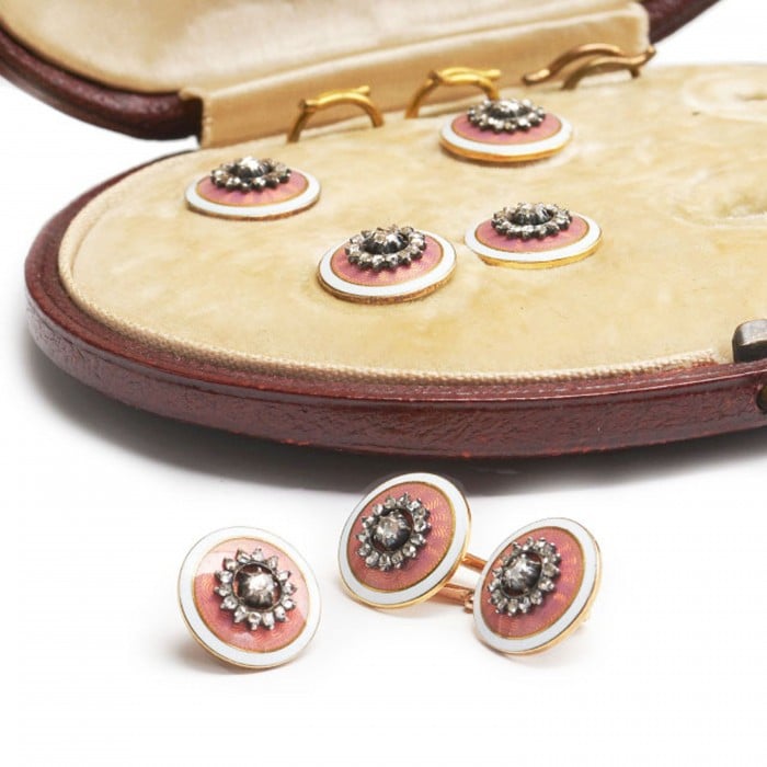 French Belle Époque Diamond Enamel Silver and Gold Dress Set, Circa 1920