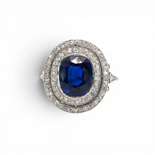French Belle Époque Sapphire Diamond and Platinum Cluster Ring, Circa 1905