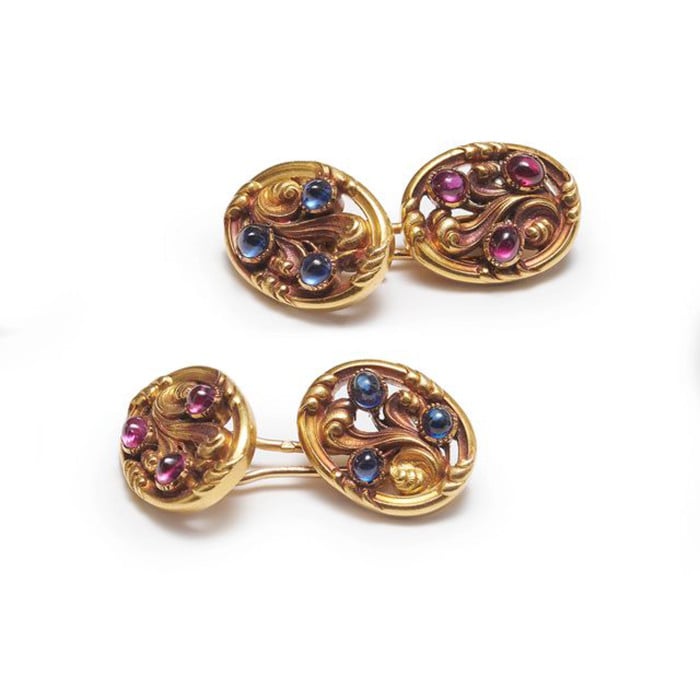 French Georges Le Saché for Tiffany & Co. Art Nouveau Sapphire Ruby and Gold Cufflinks, Circa 1890