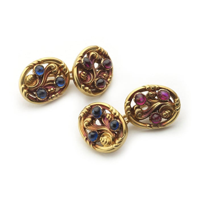 French Georges Le Saché for Tiffany & Co. Art Nouveau Sapphire Ruby and Gold Cufflinks, Circa 1890