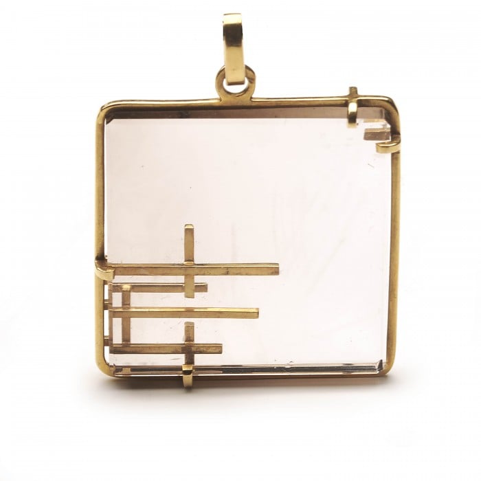 French Retro Modernist Smoky Quartz and Gold Pendant, Circa 1970