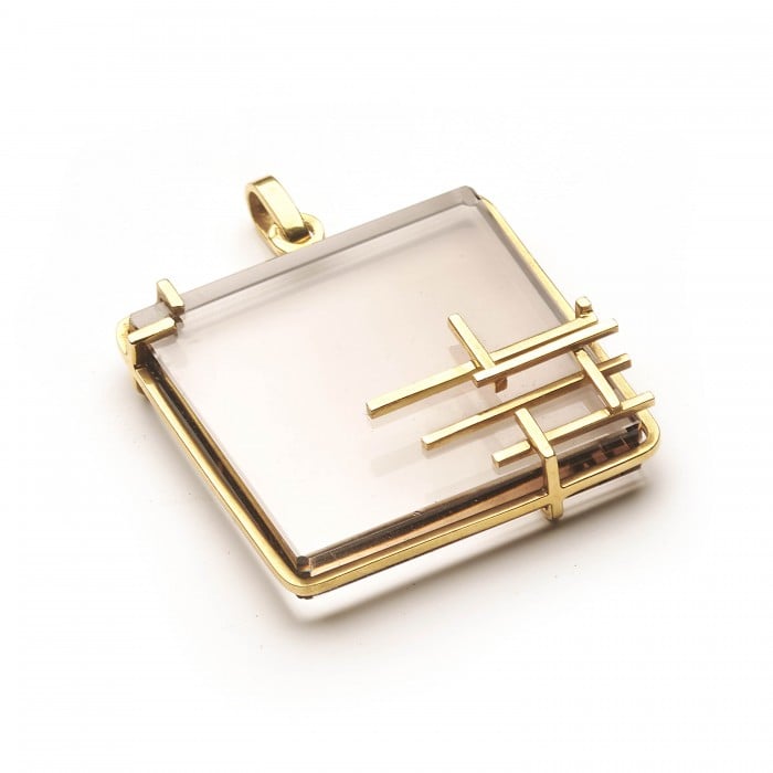 French Retro Modernist Smoky Quartz and Gold Pendant, Circa 1970