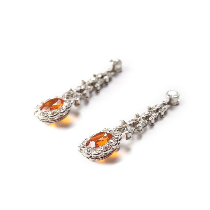 Garrards Fire Opal, Diamond and Platinum Drop Earrings and Negligee Pendant Set, Circa 1920