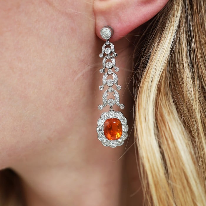 Garrards Fire Opal, Diamond and Platinum Drop Earrings and Negligee Pendant Set, Circa 1920