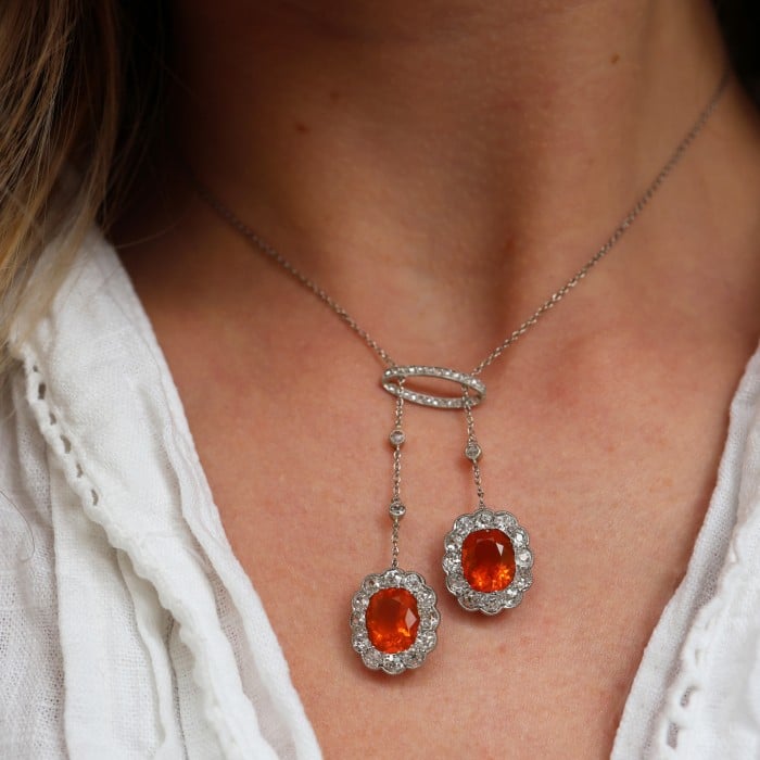 Garrards Fire Opal, Diamond and Platinum Drop Earrings and Negligee Pendant Set, Circa 1920