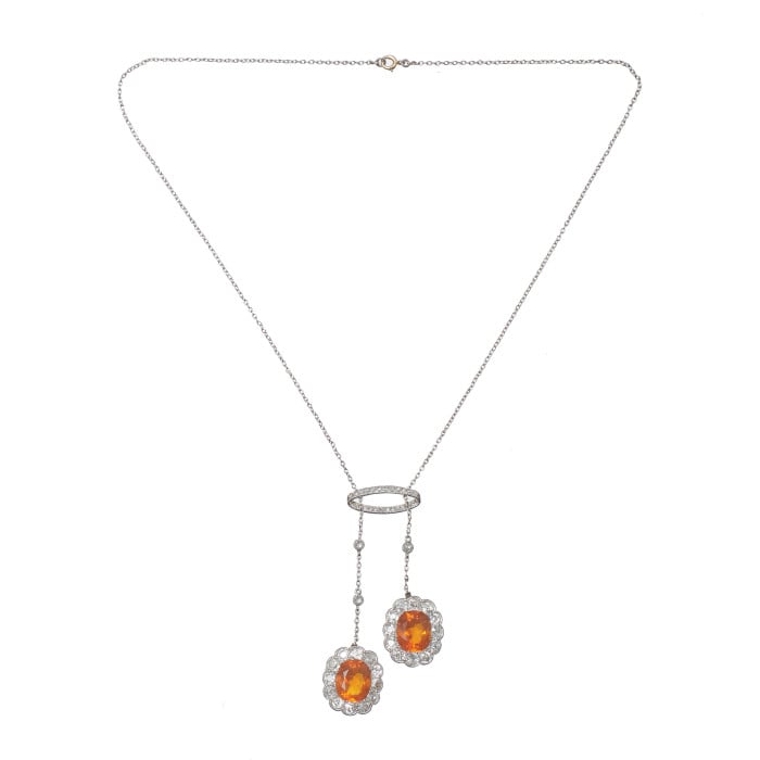 Garrards Fire Opal, Diamond and Platinum Drop Earrings and Negligee Pendant Set, Circa 1920