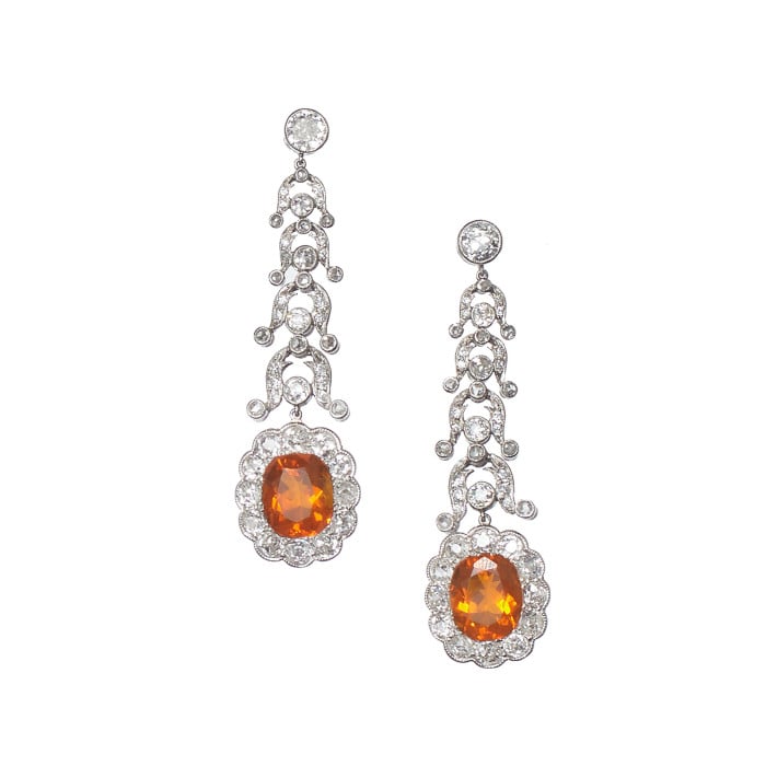 Garrards Fire Opal, Diamond and Platinum Drop Earrings and Negligee Pendant Set, Circa 1920