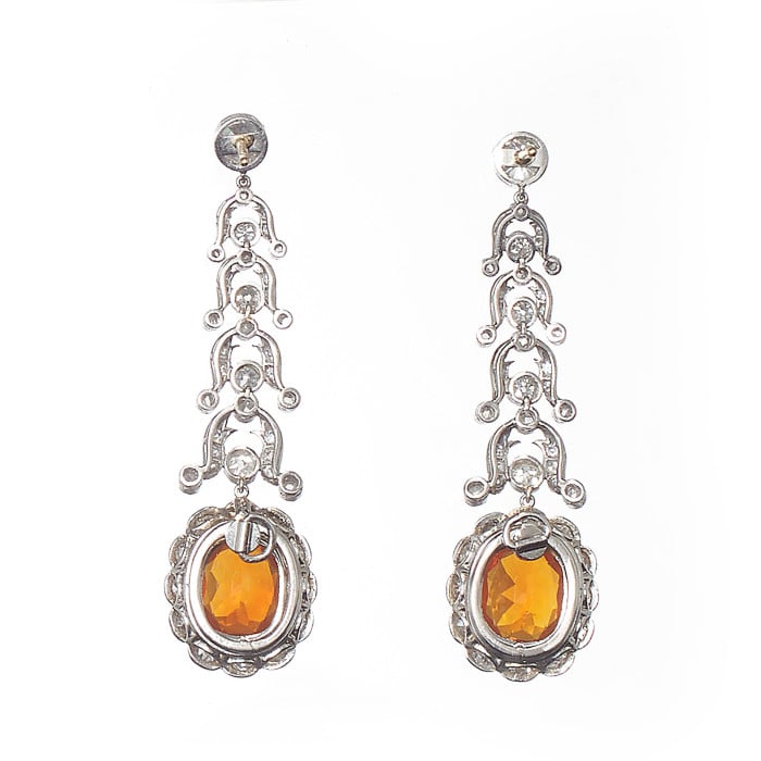 Garrards Fire Opal, Diamond and Platinum Drop Earrings and Negligee Pendant Set, Circa 1920