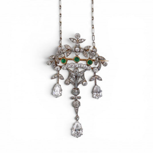 Georges Le Saché for Vever Belle Époque Emerald, Diamond, Platinum and Gold Brooch-Cum-Pendant Necklace, Circa 1900