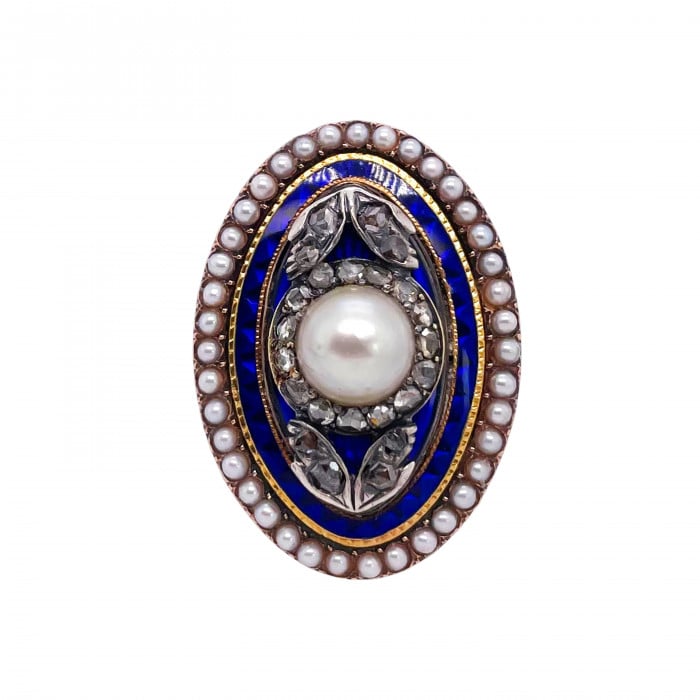 Georgian Bague à l'Enfantement Pearl Diamond Enamel Silver and Gold Ring, Circa 1790
