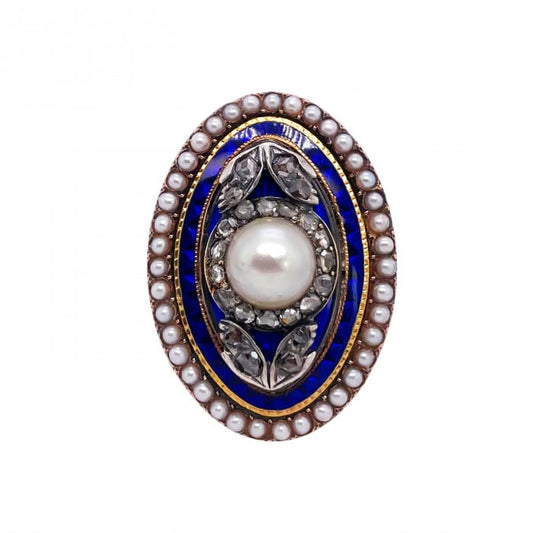 Georgian Bague à l'Enfantement Pearl Diamond Enamel Silver and Gold Ring, Circa 1790