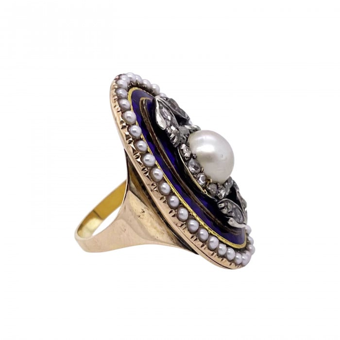 Georgian Bague à l'Enfantement Pearl Diamond Enamel Silver and Gold Ring, Circa 1790