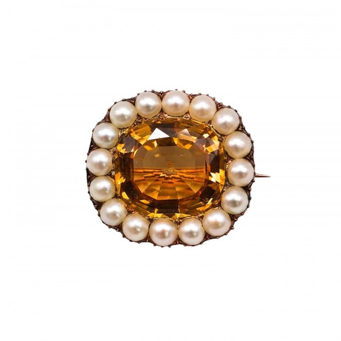 Georgian Brazilian Topaz, Pearl and Gold Cluster Brooch, Circa 1820