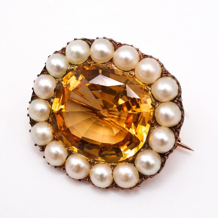 Georgian Brazilian Topaz, Pearl and Gold Cluster Brooch, Circa 1820