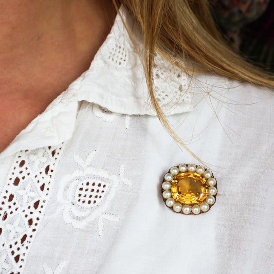 Georgian Brazilian Topaz, Pearl and Gold Cluster Brooch, Circa 1820