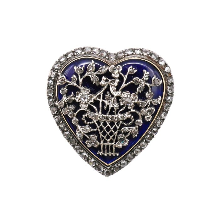 Georgian Bristol Cobalt Blue Glass Rose Diamond and Silver Upon Gold Heart Brooch, Circa 1820