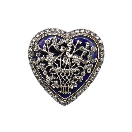 Georgian Bristol Cobalt Blue Glass Rose Diamond and Silver Upon Gold Heart Brooch, Circa 1820