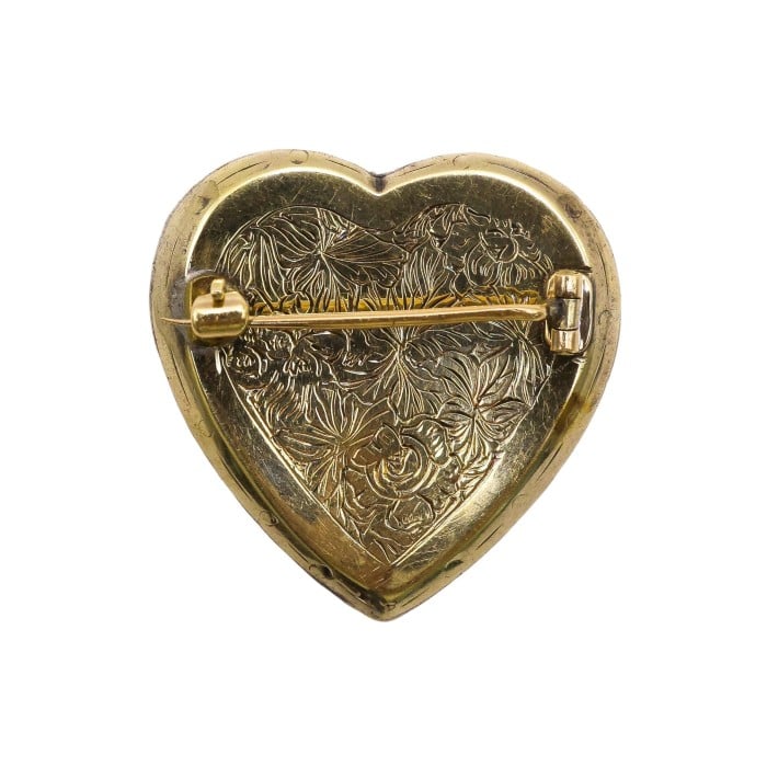 Georgian Bristol Cobalt Blue Glass Rose Diamond and Silver Upon Gold Heart Brooch, Circa 1820
