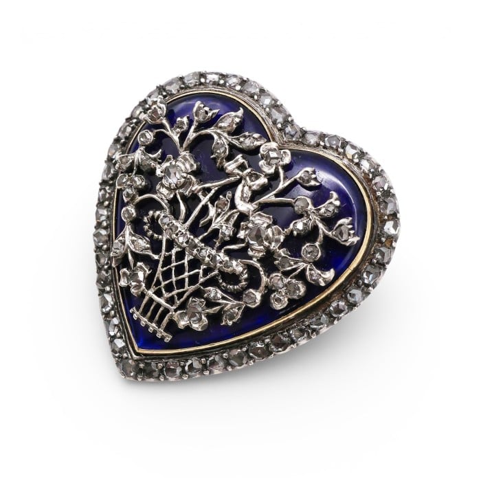 Georgian Bristol Cobalt Blue Glass Rose Diamond and Silver Upon Gold Heart Brooch, Circa 1820
