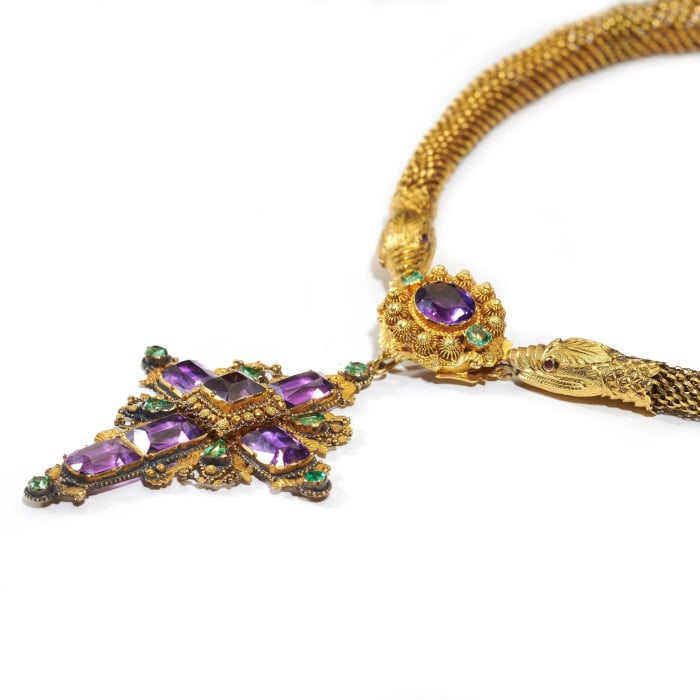 Georgian Cannetille Gold Snake Necklace with Amethyst and Emerald Cross Pendant, Circa 1830